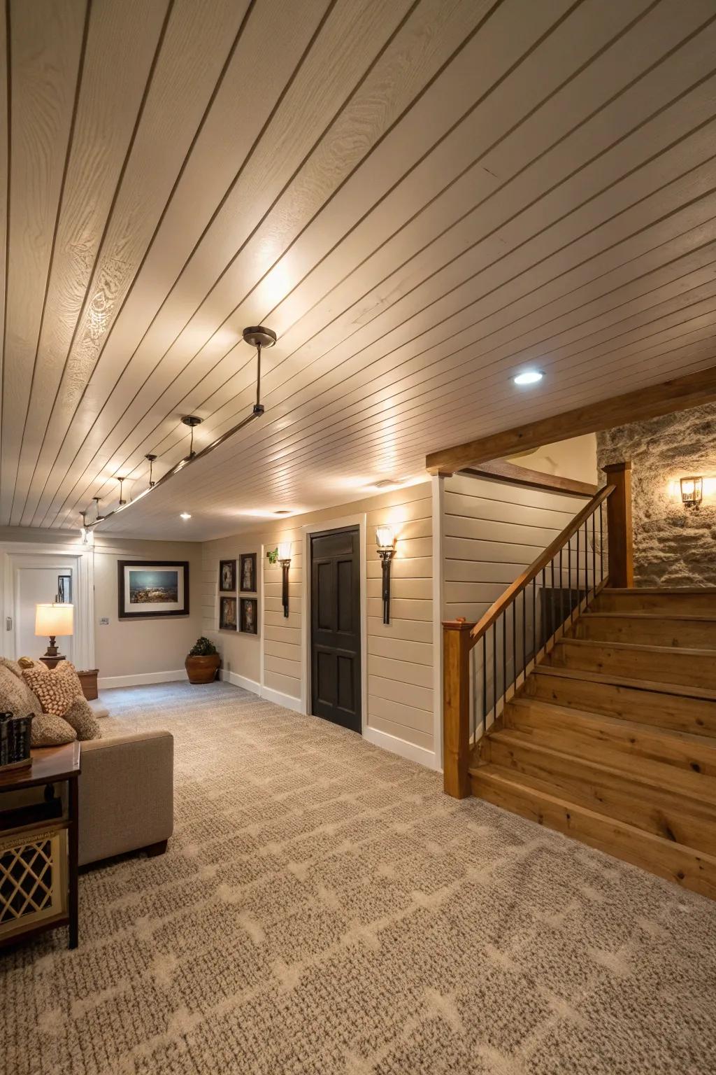 Shiplap ceiling creates visual interest.