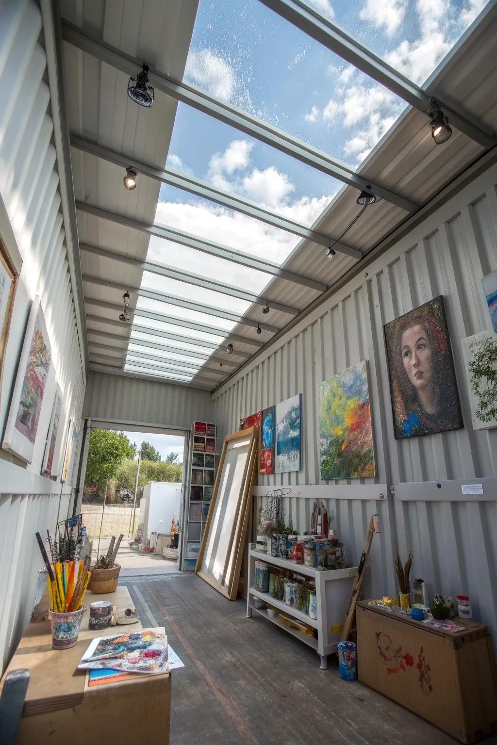 An art studio container filled with light and creative energy.