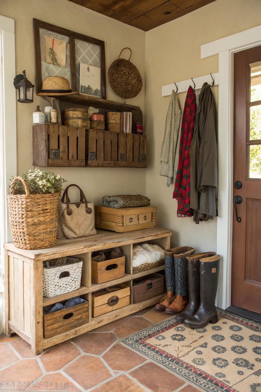 Repurposed vintage furniture offers charming shoe storage.
