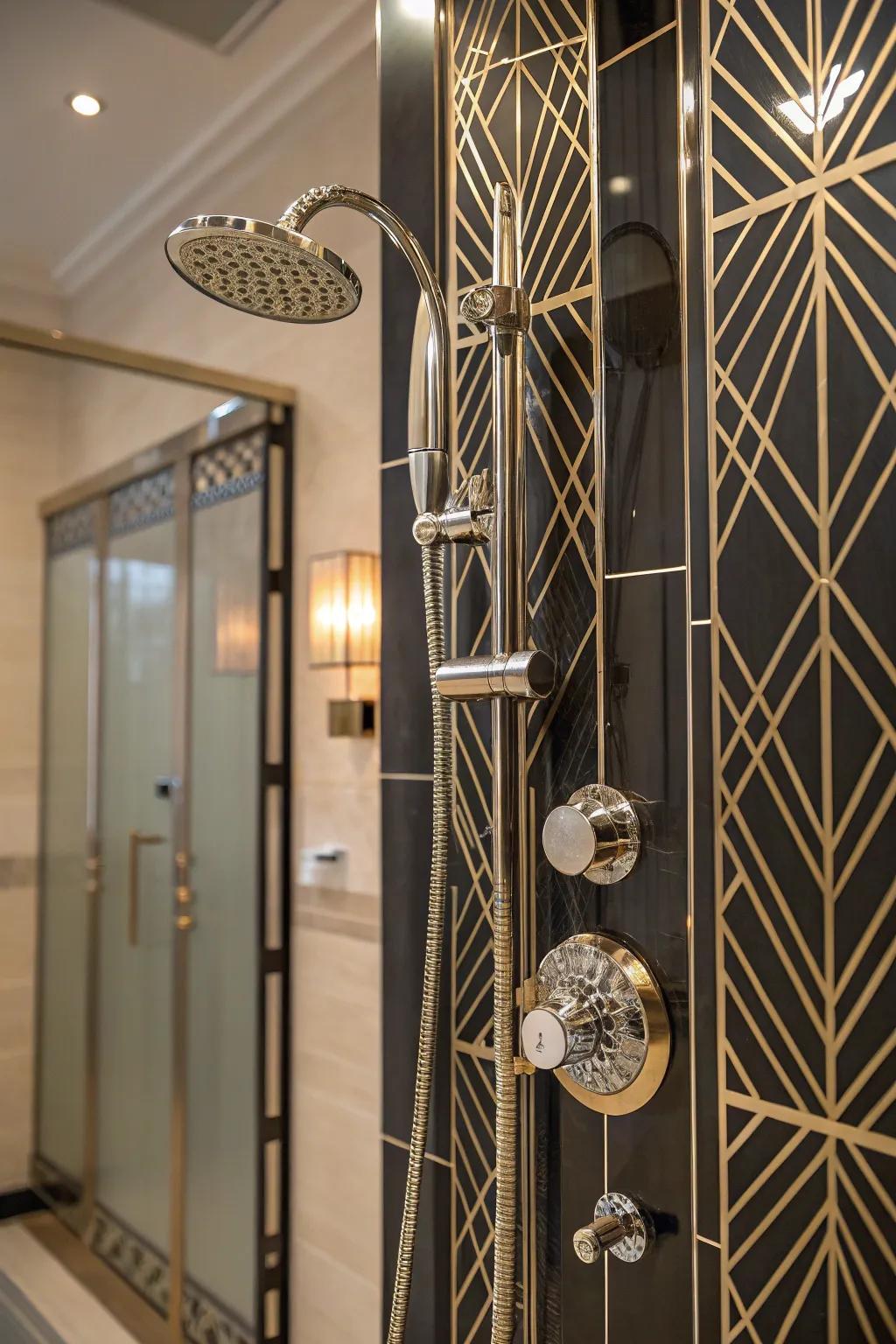 A shower with Art Deco-inspired geometric designs and metallic accents.