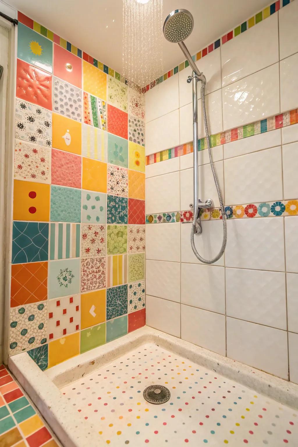 A shower pan with a vibrant mix of brightly colored tiles for a playful and energetic look.