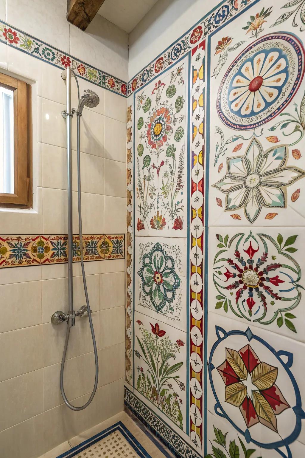 Artisanal tiles bring artistry and unique charm to the shower.