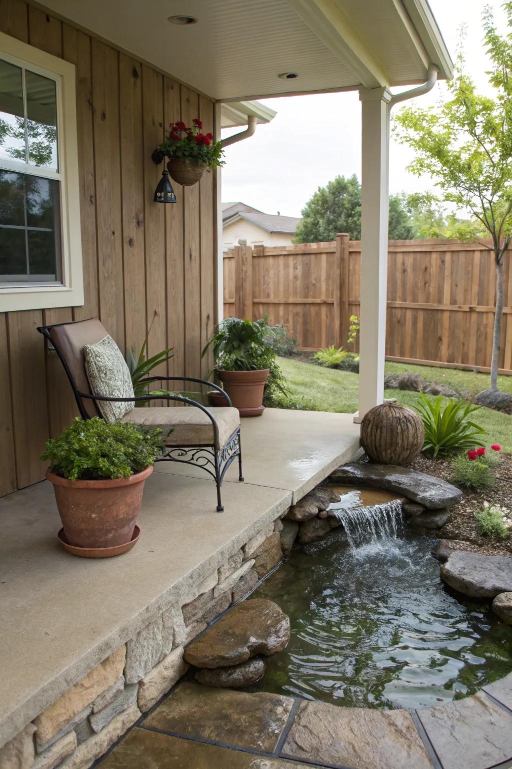 A serene fountain that establishes a tranquil setting on the side porch.