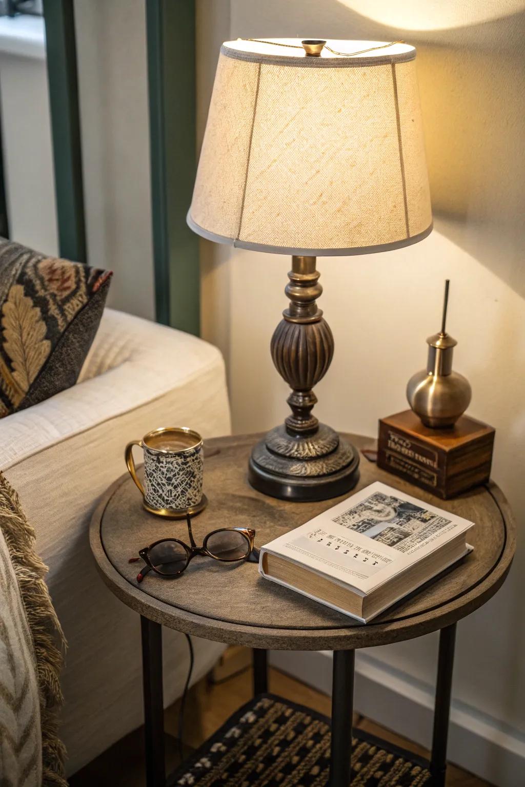 A cozy side table nook with soft, ambient lighting.