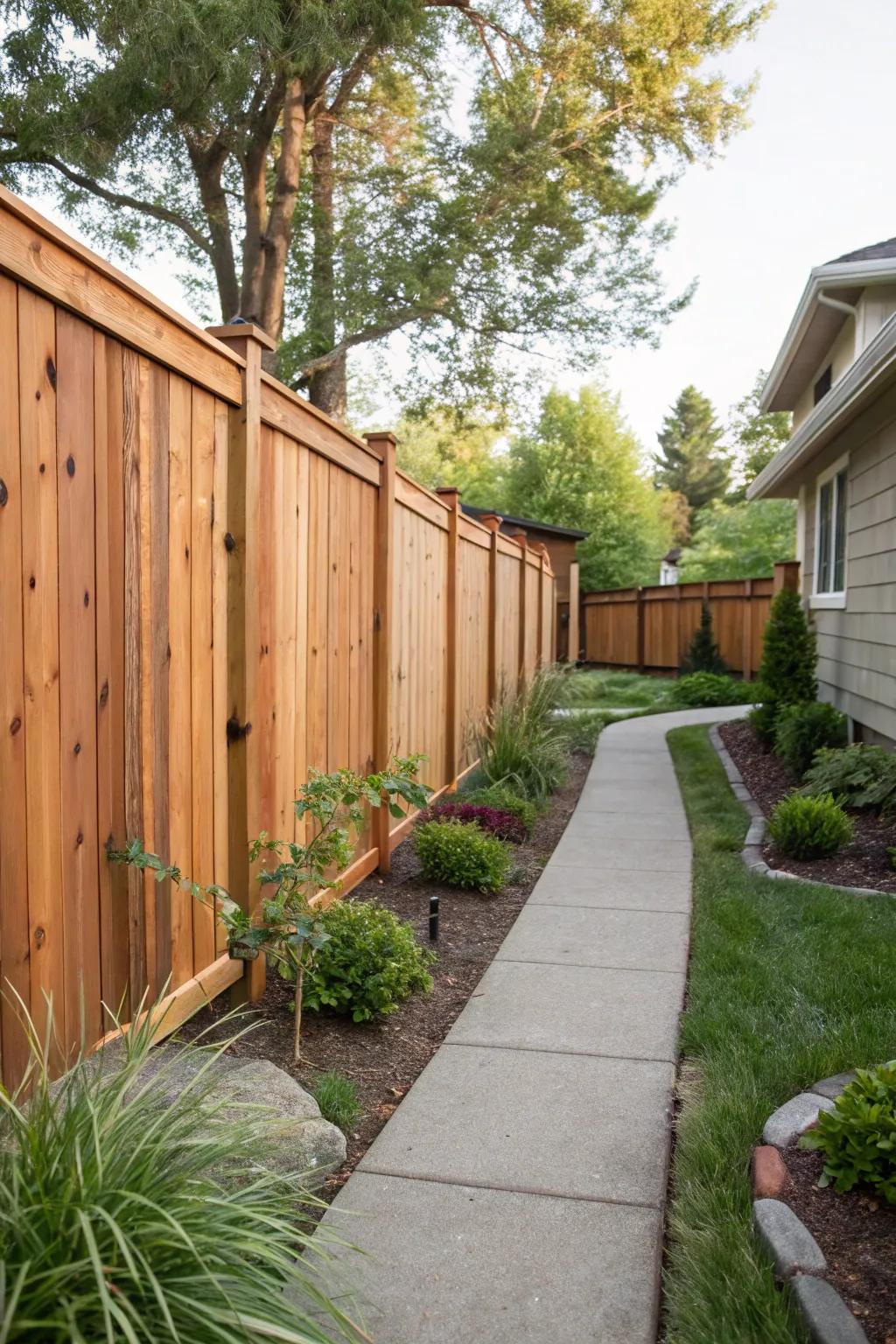 Inviting side yard featuring a fragrant lumber fence.