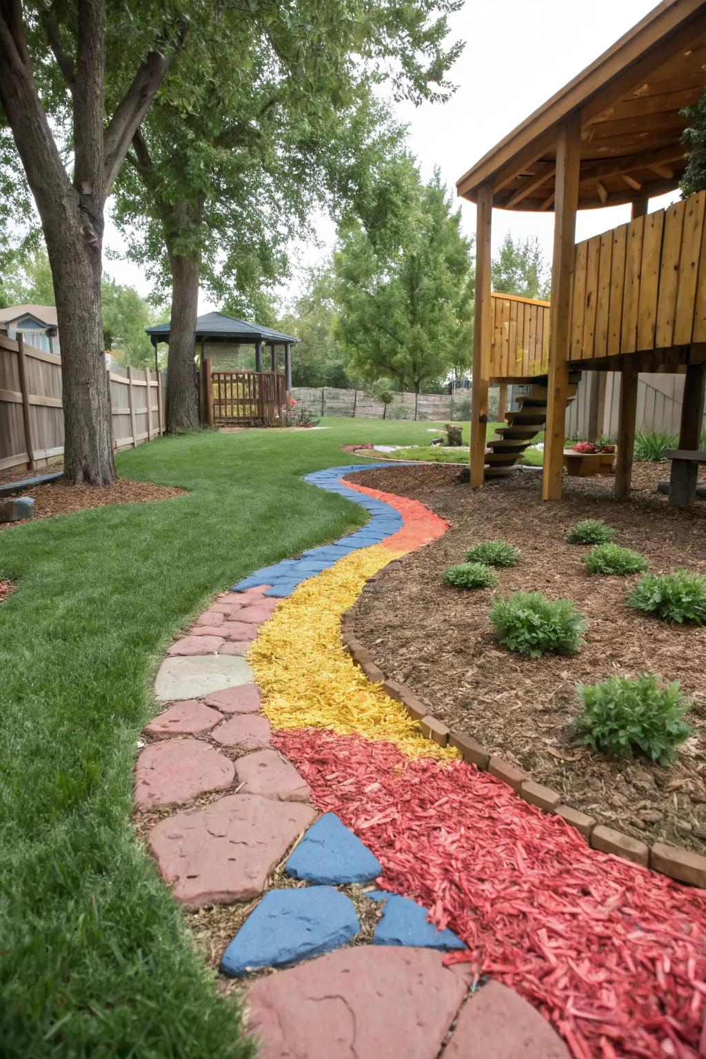 Colored wood shavings brighten up your side yard with ease.