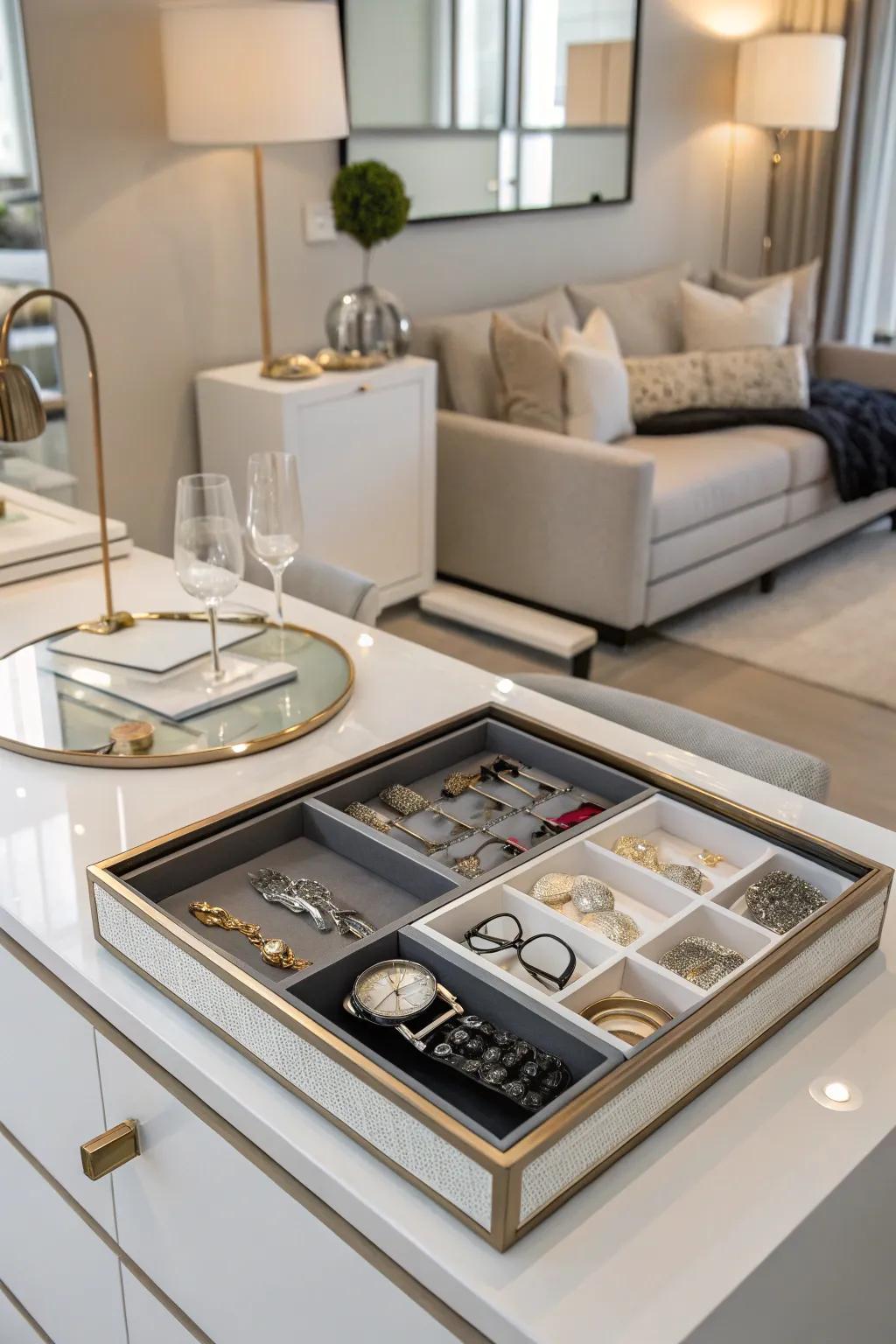 Ornamental platters on a credenza keep small items arranged and chic.