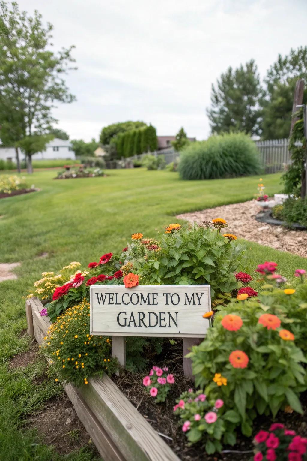 A backyard garden featuring a 'Salutations to My Garden' plaque near flower beds.