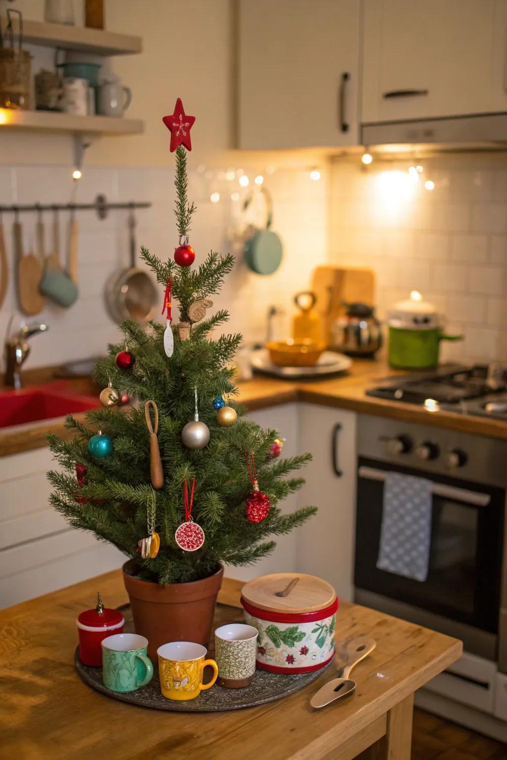 A small fir brings holiday joy to the kitchen.