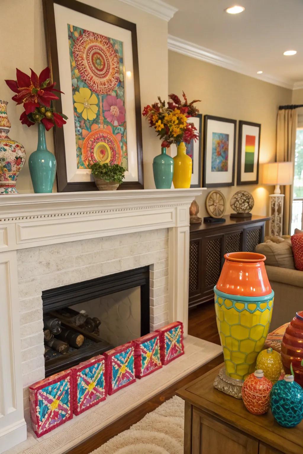 Colorful accents bring vibrancy to this everyday mantel.