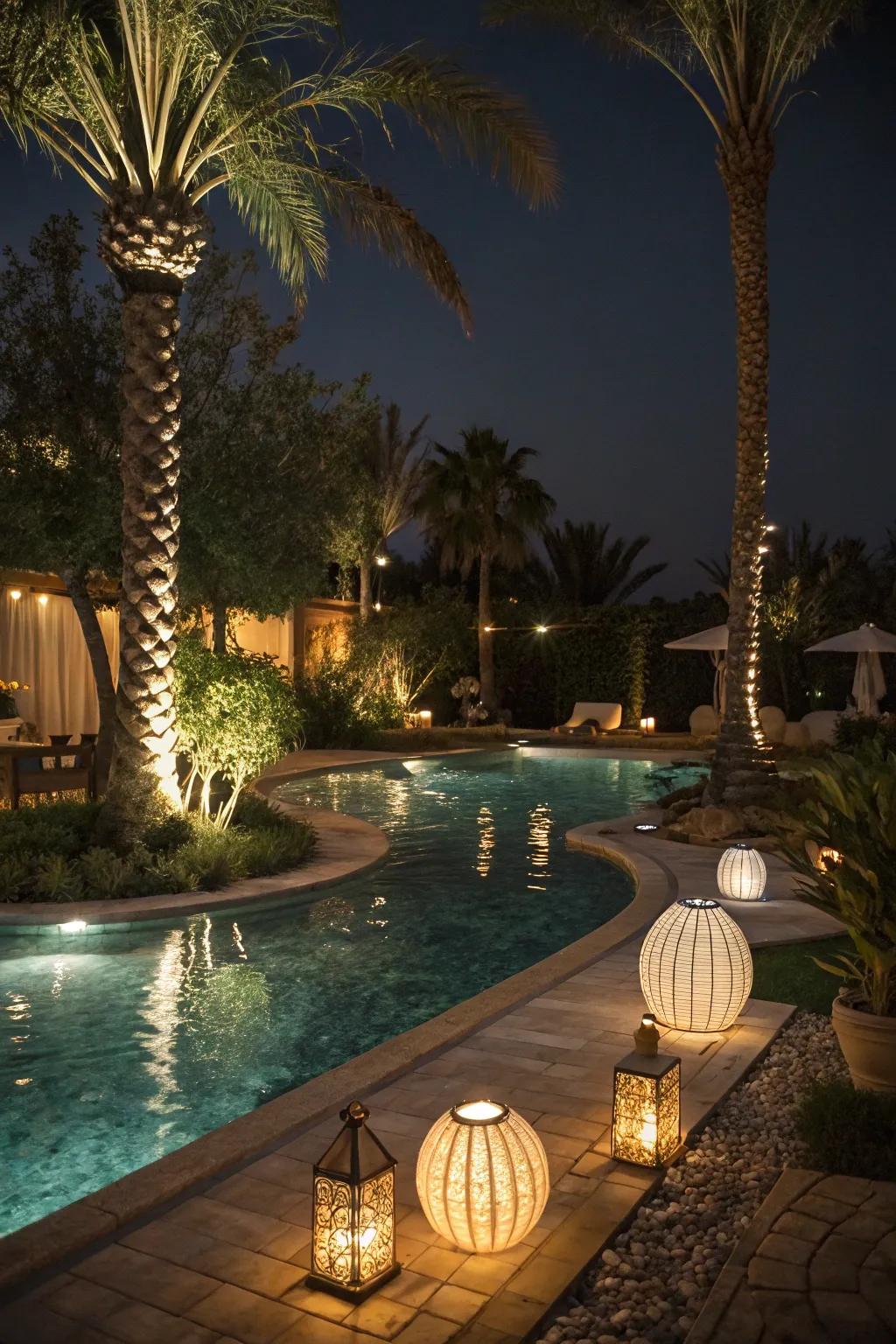 Creative lighting transforming the pool area into a magical space at night.