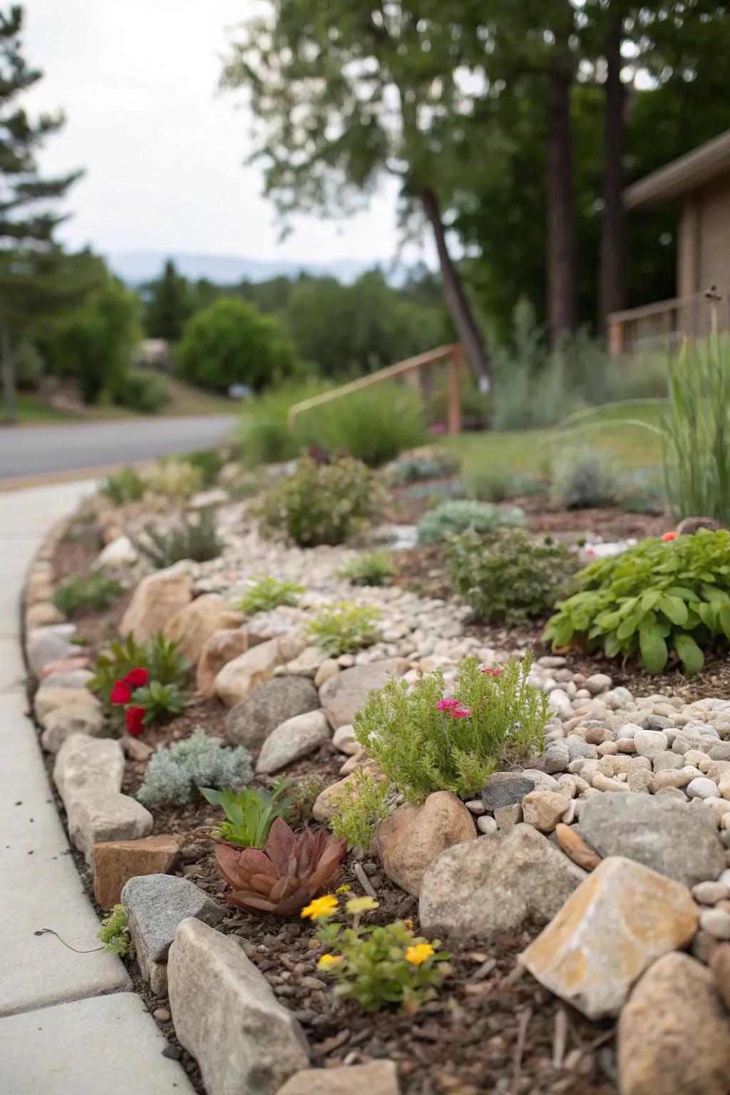 Rock mulch offers a low-maintenance solution for garden beds.