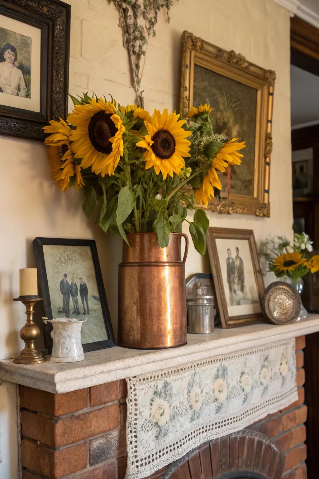 A copper kettle provides a vintage touch to a sunflower display.