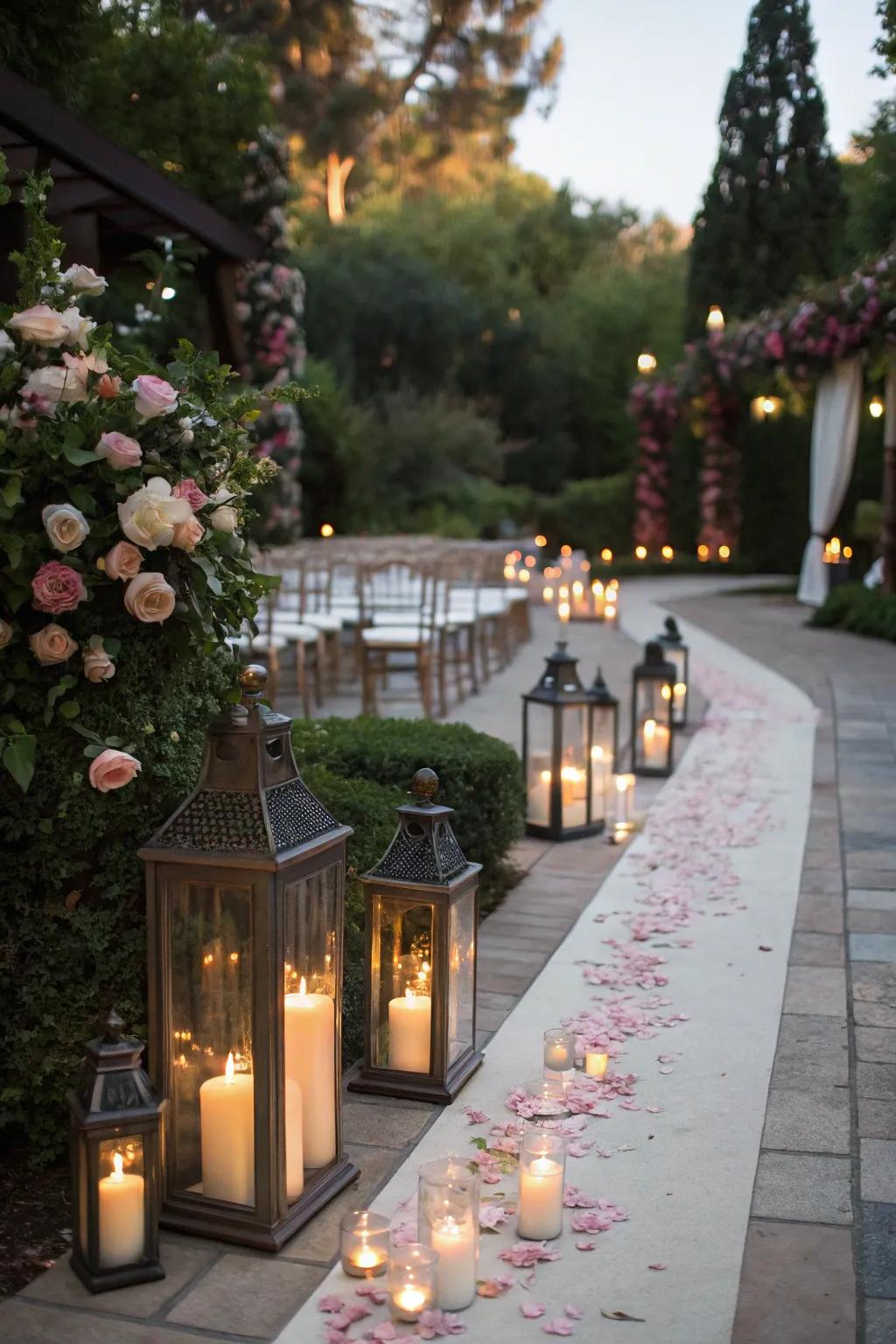 Candles lining pathways create a romantic and magical atmosphere.