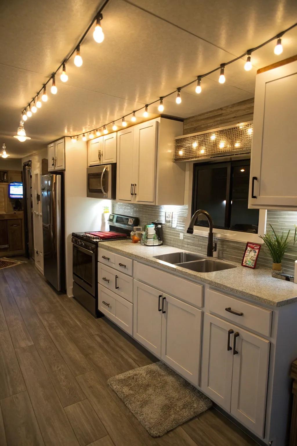 Under-cabinet lighting enhances function and mood.