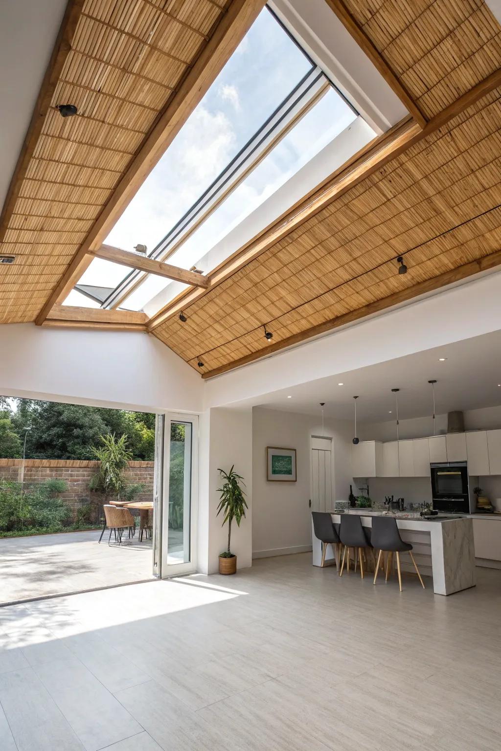 A studio with a skylight featuring sustainable bamboo trim.