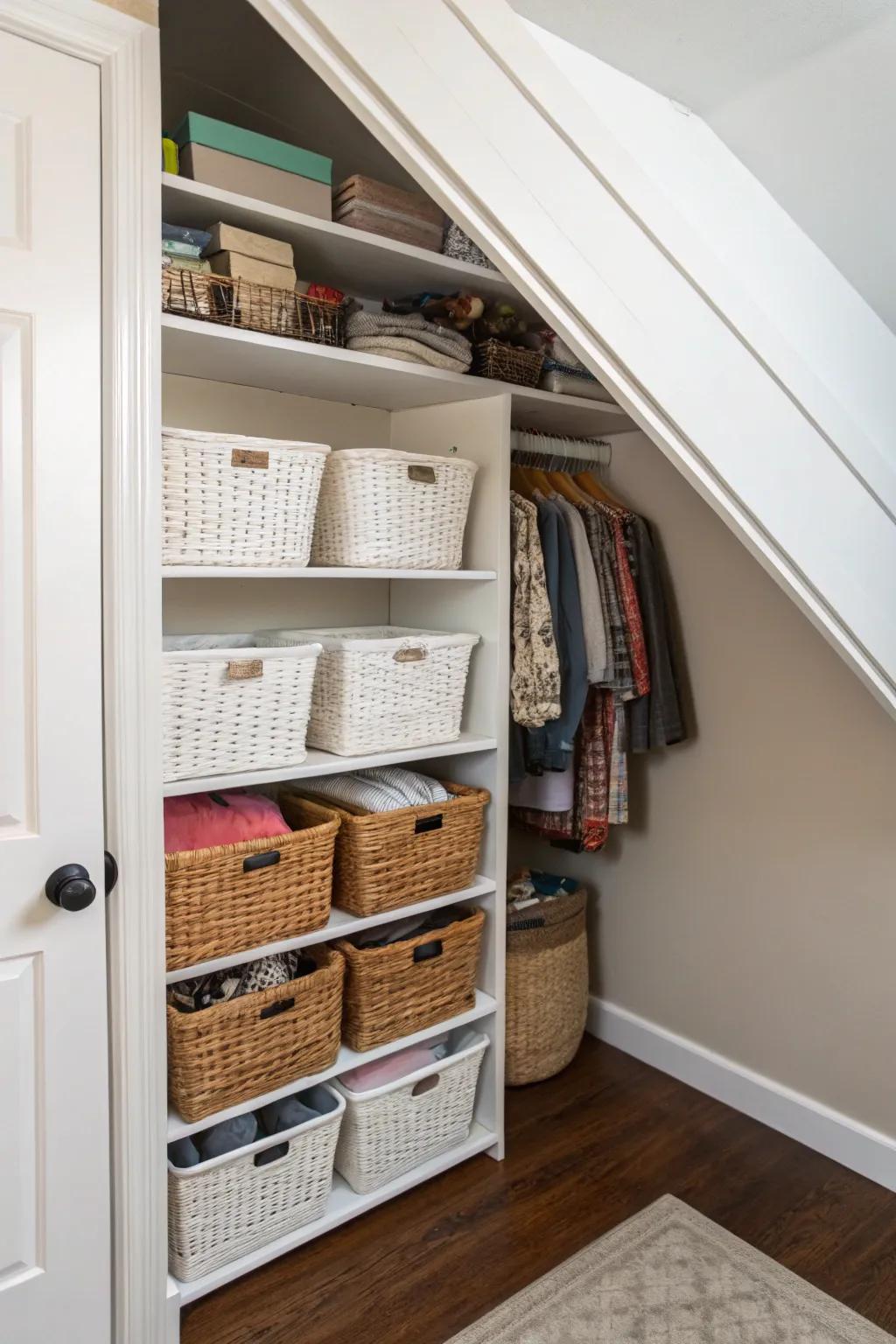 Under-shelf baskets add unexpected storage.
