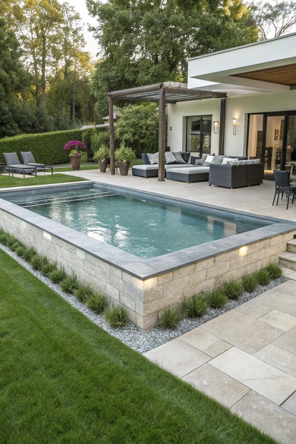 A sophisticated semi-in-ground pool that blends elegantly.