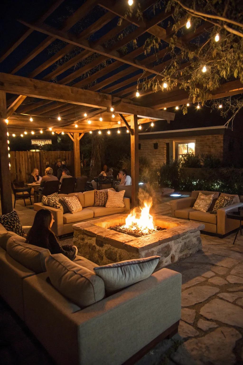 A sunken flame pit area provides a unique and sheltered seating experience.
