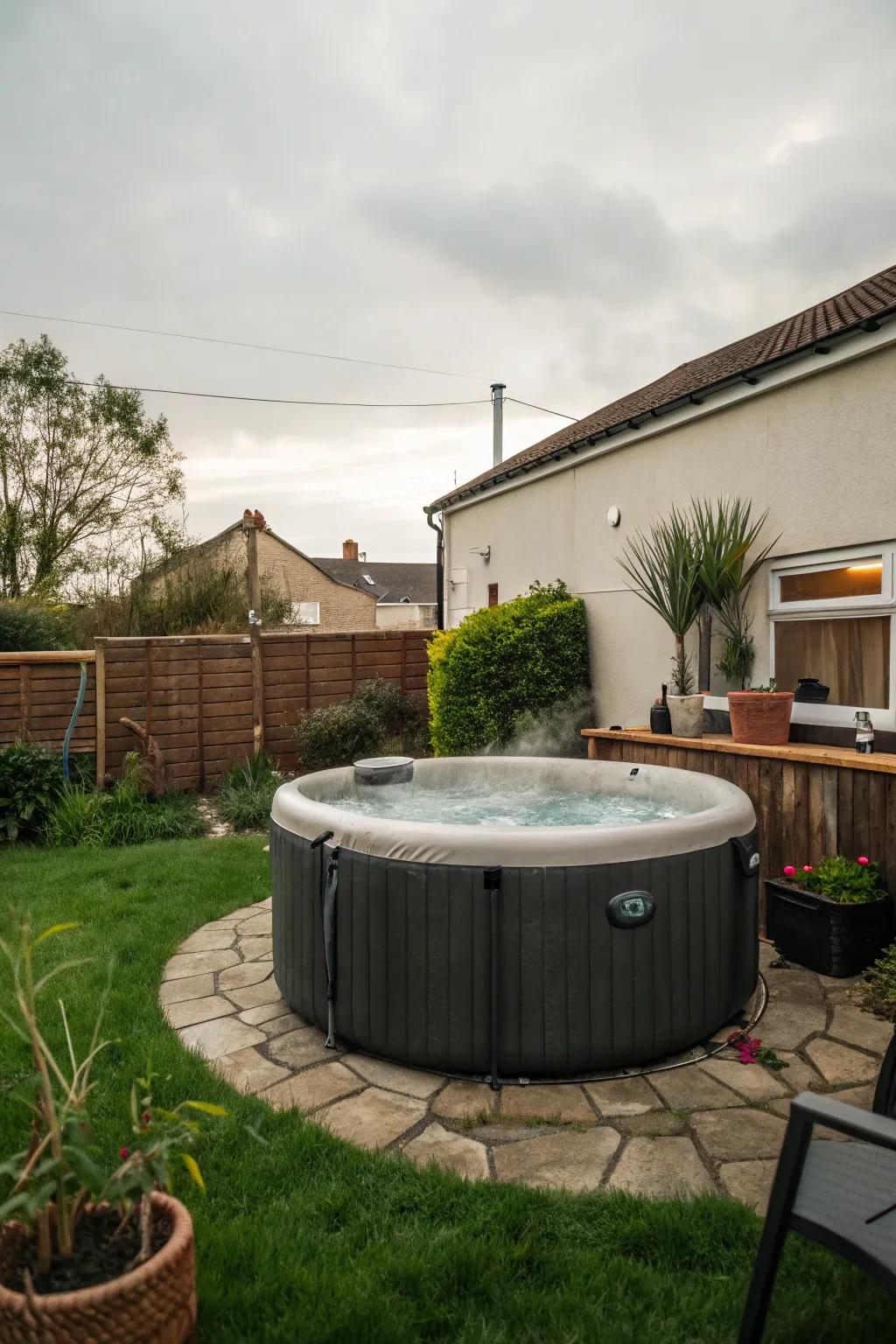 A portable soak station in a small backyard setting for adaptable placement.