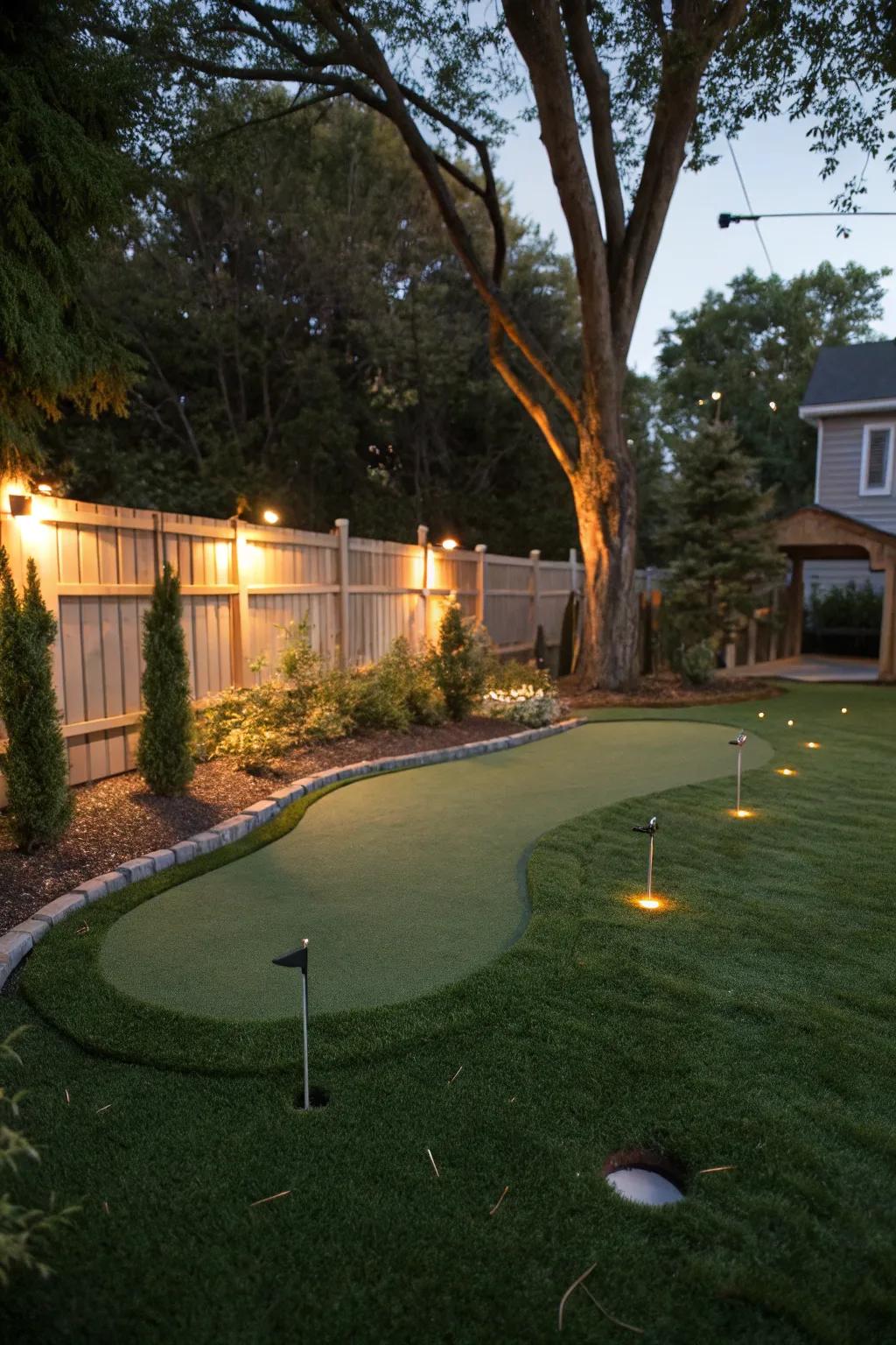 A backyard putting green exquisitely lit for evening enjoyment.