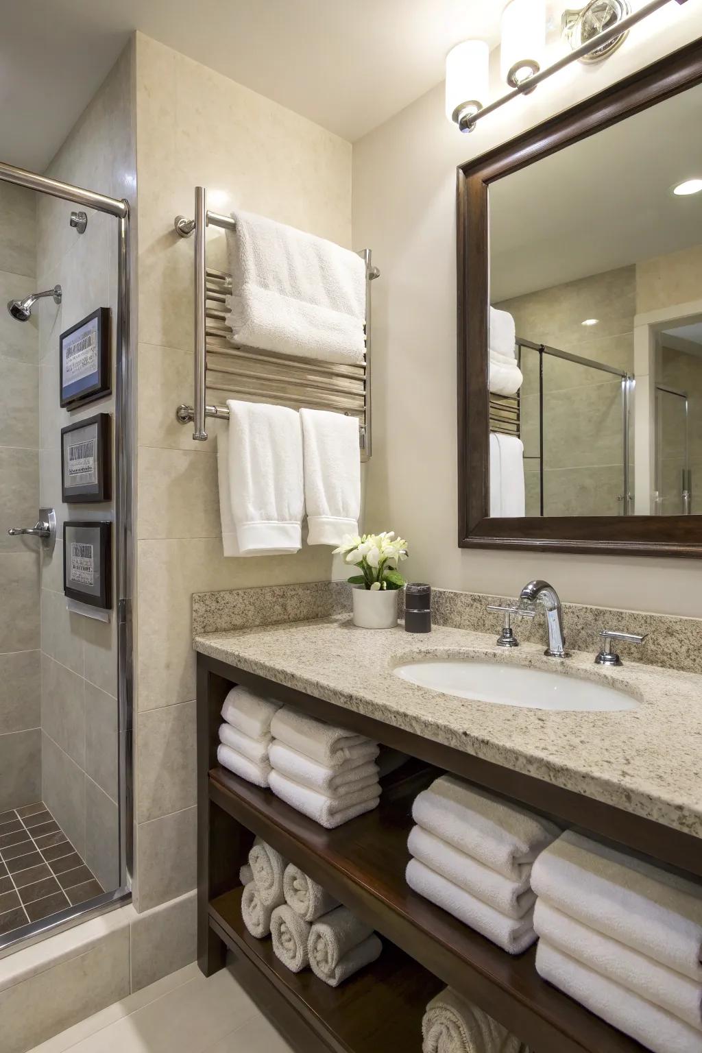 Flexible storage with adjustable towel bars.