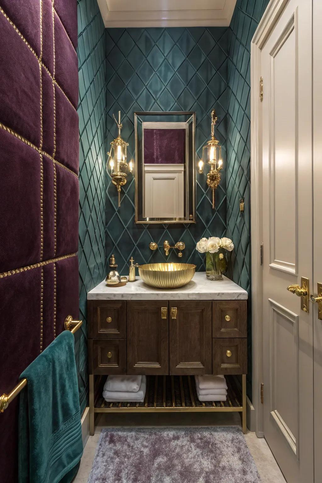 Velvet-textured surfaces making a cozy and luxurious bathroom.