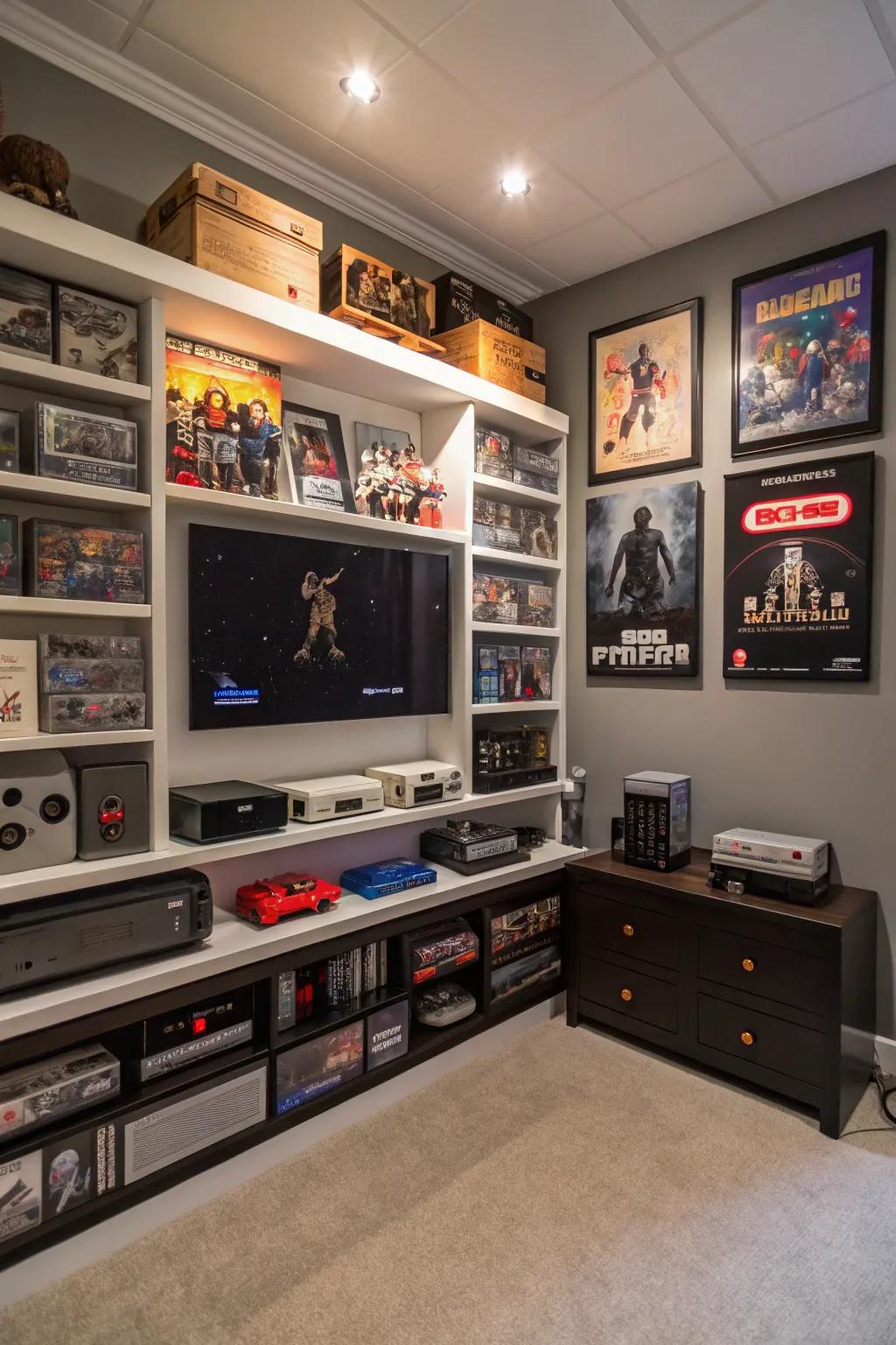 Custom shelving is a stylish way to show off your gaming items.