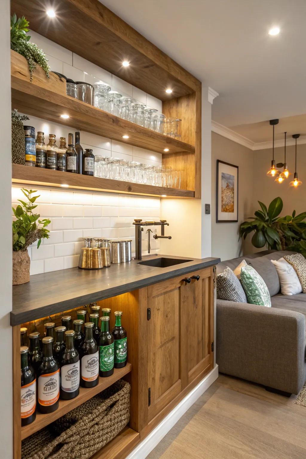 Charming corner nook beer display for comfortable vibes.