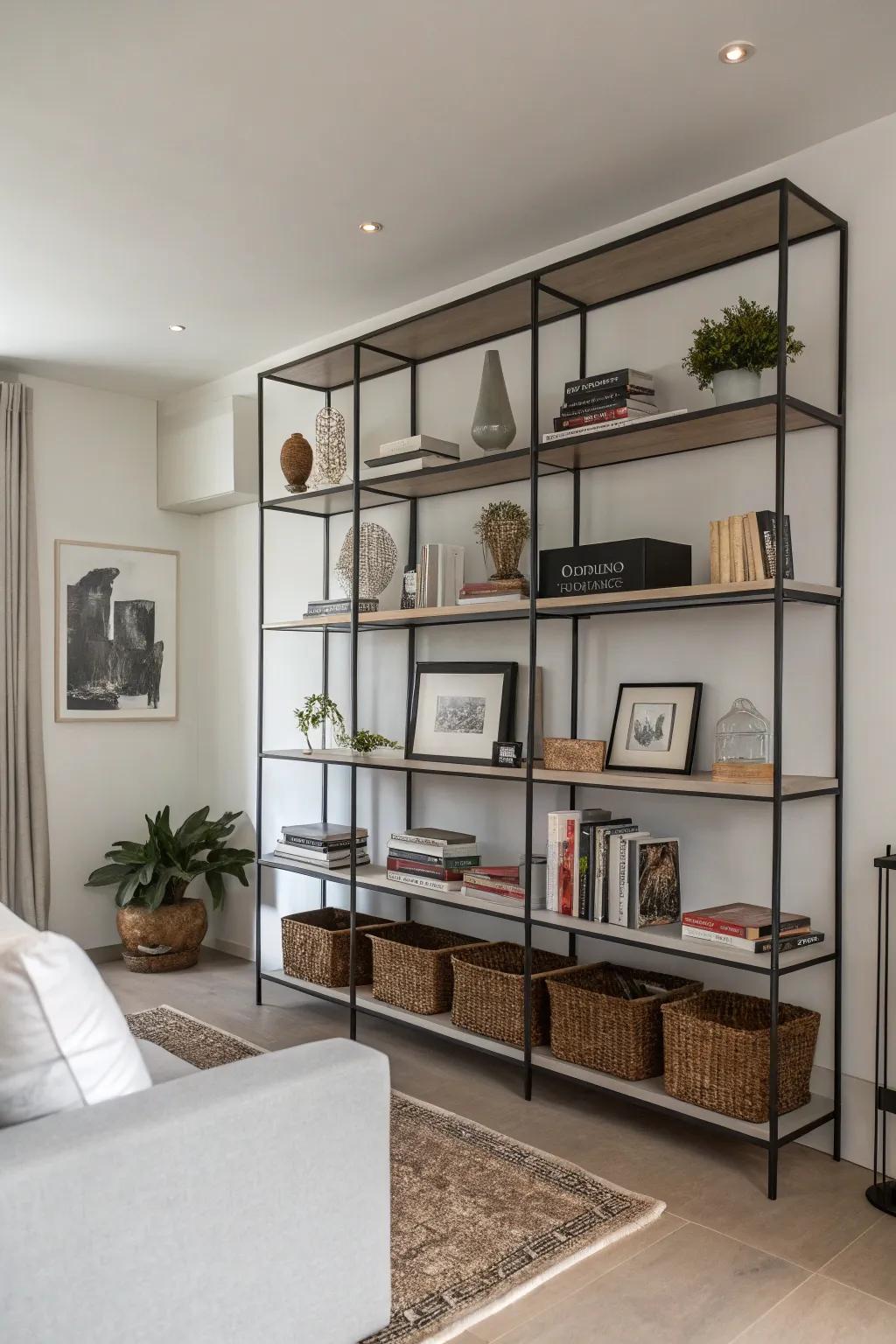 Metallic shelves deliver a minimalist and contemporary impression.