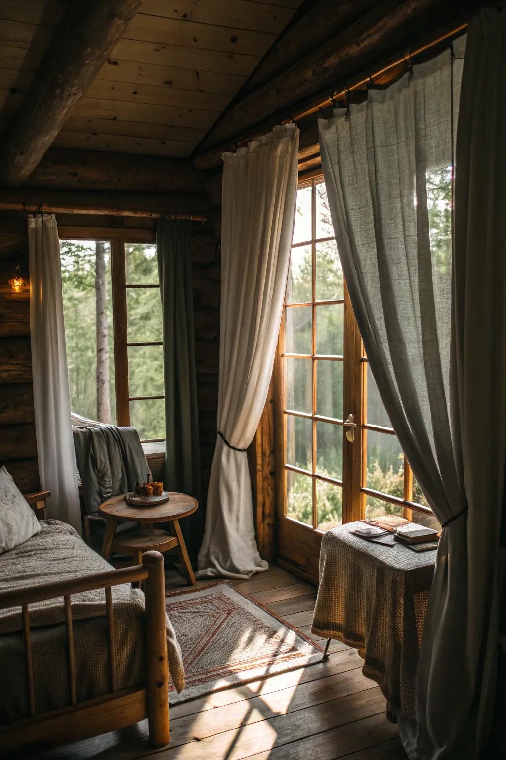 Vertical drapes in a cabin interior creating a sense of height.