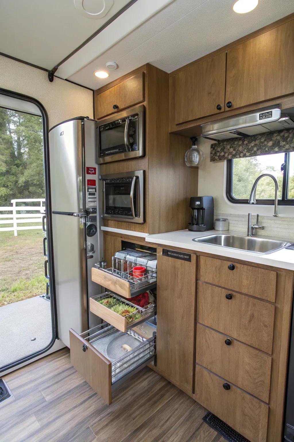 A camper's pull-out pantry maximizes space for kitchen storage.
