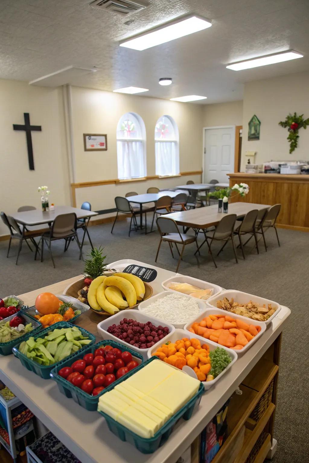 A snack station provides refreshments and encourages social interaction.