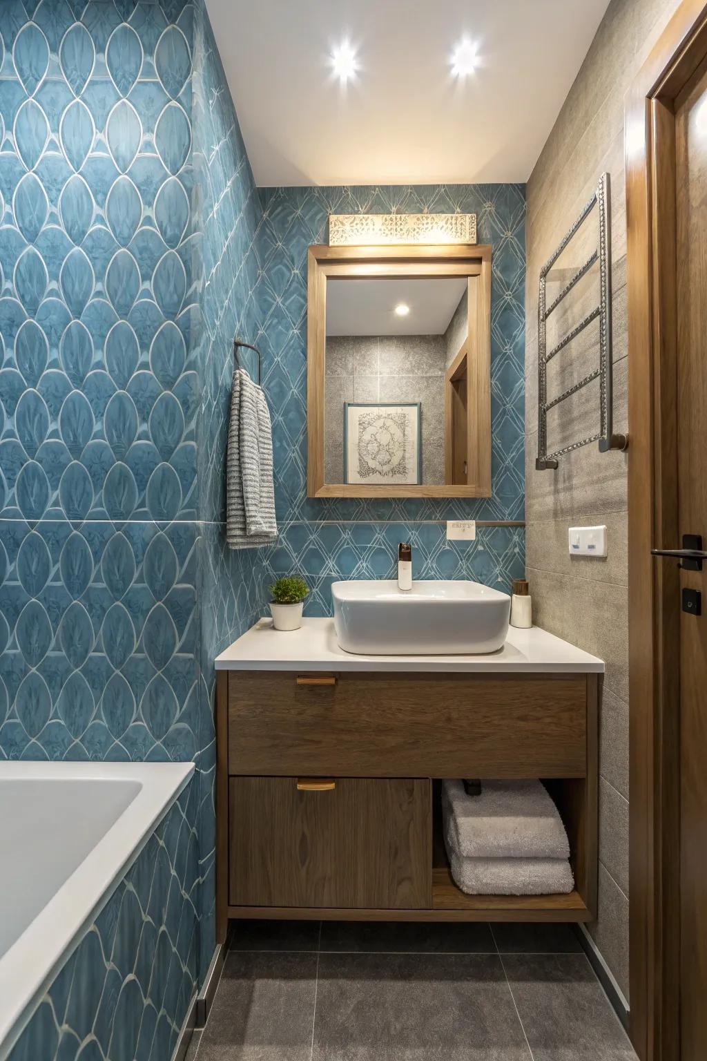 Textured blue wall covering adds elegance and interest to the bathroom walls.