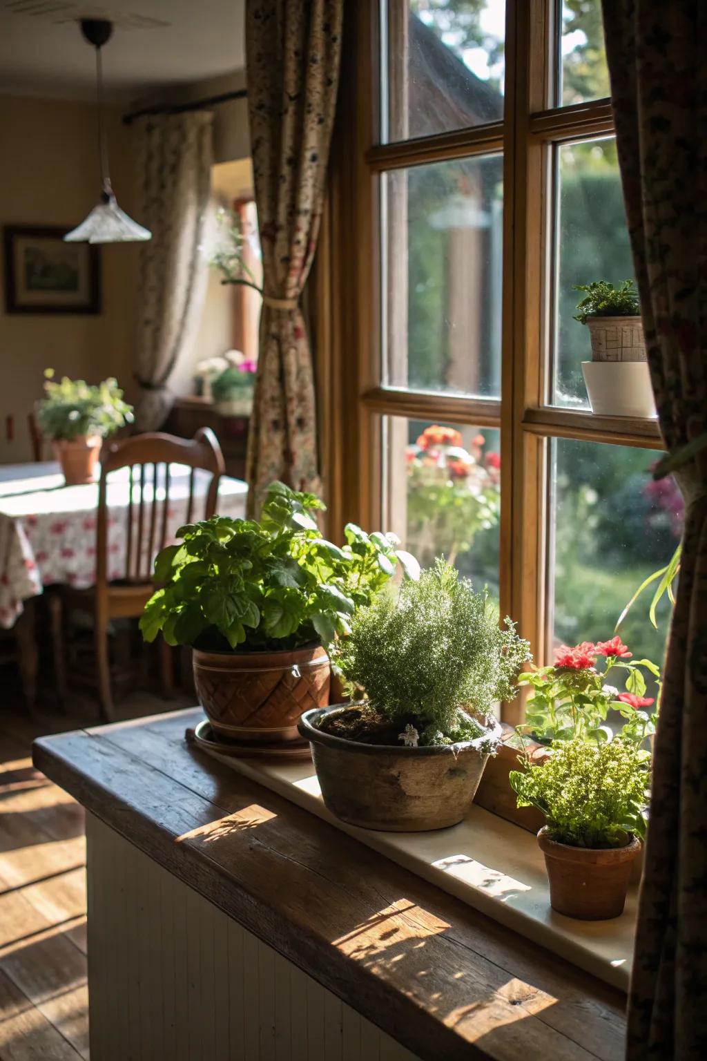 Potted plants bring energy and a natural touch to the window.
