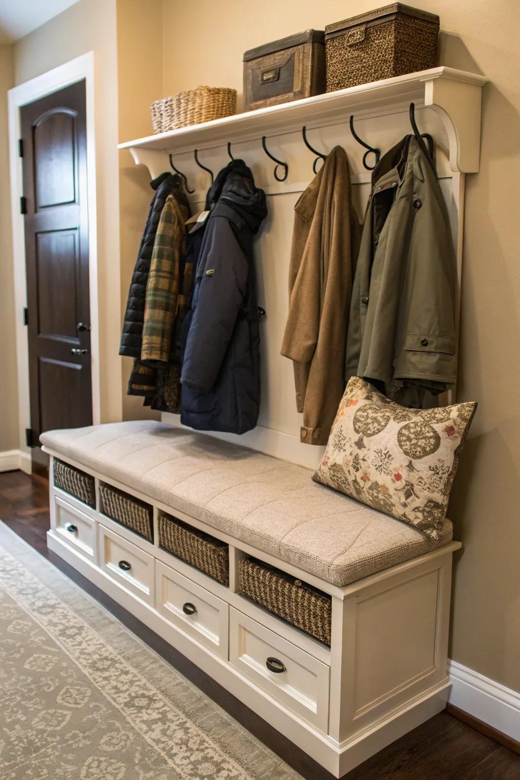 A bench with hidden hooks keeps things tidy and discreet.