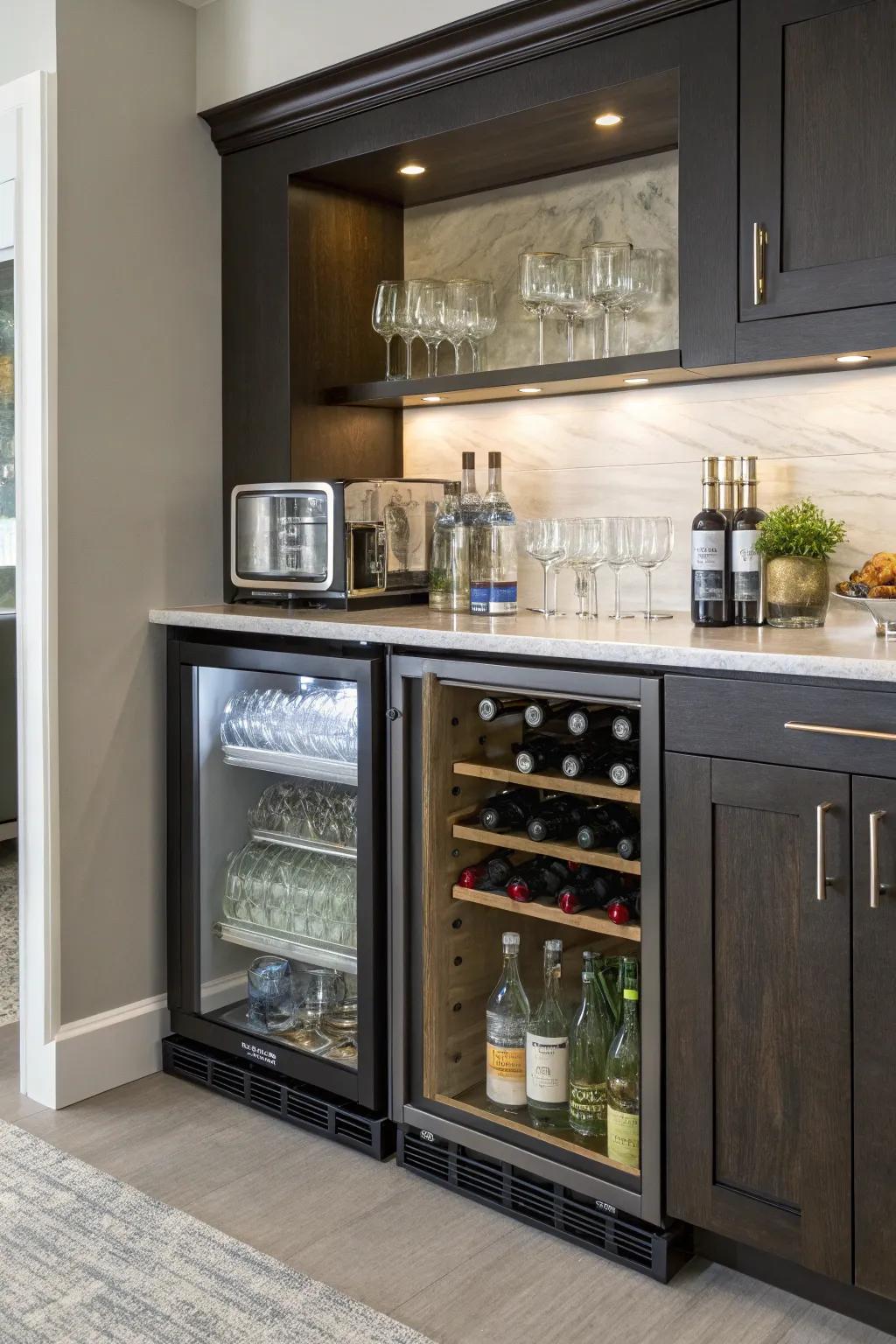 A small refrigerator is a useful addition to a drink station.