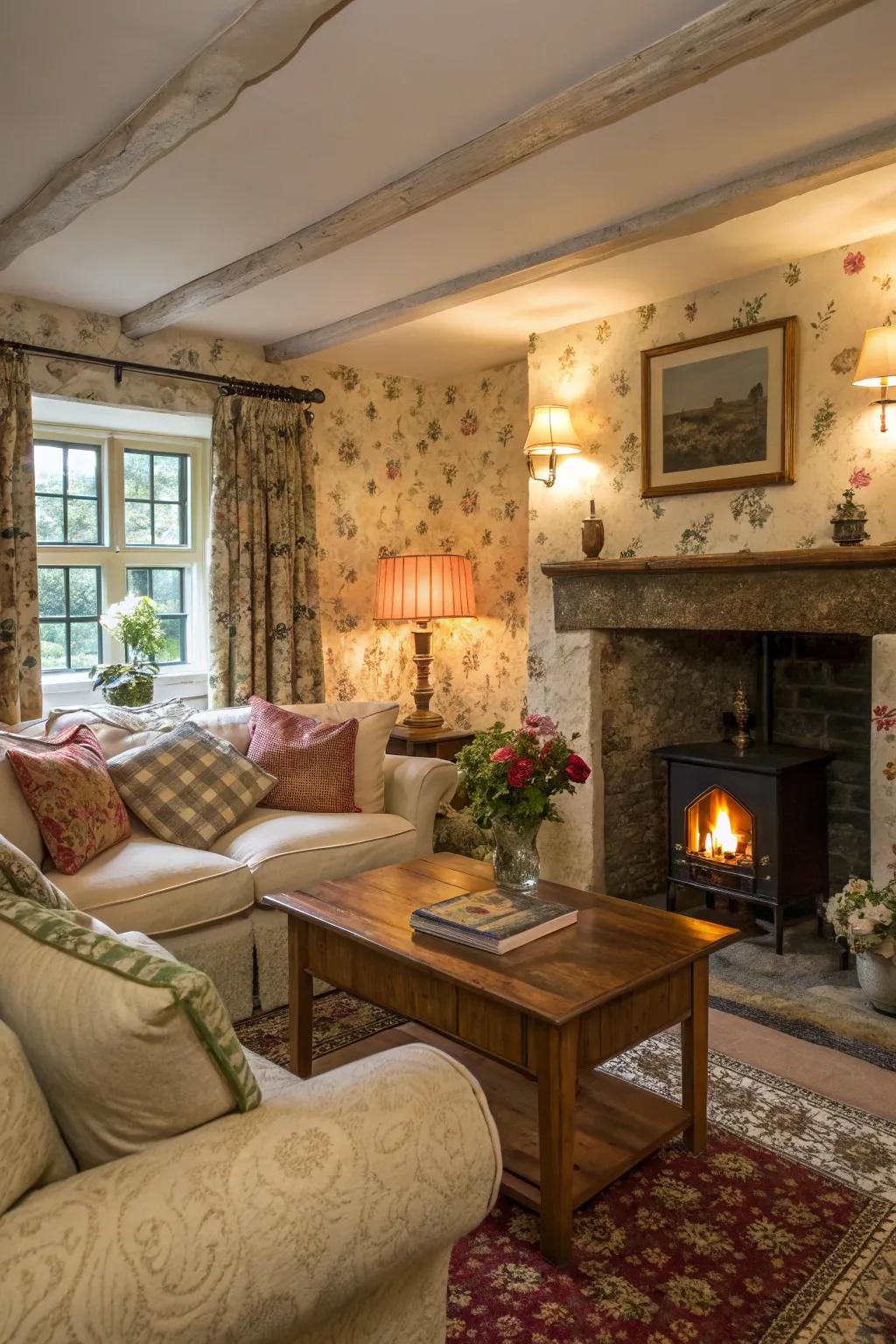 Gentle desk lamps furnish warm illumination in this cozy cottage living space.