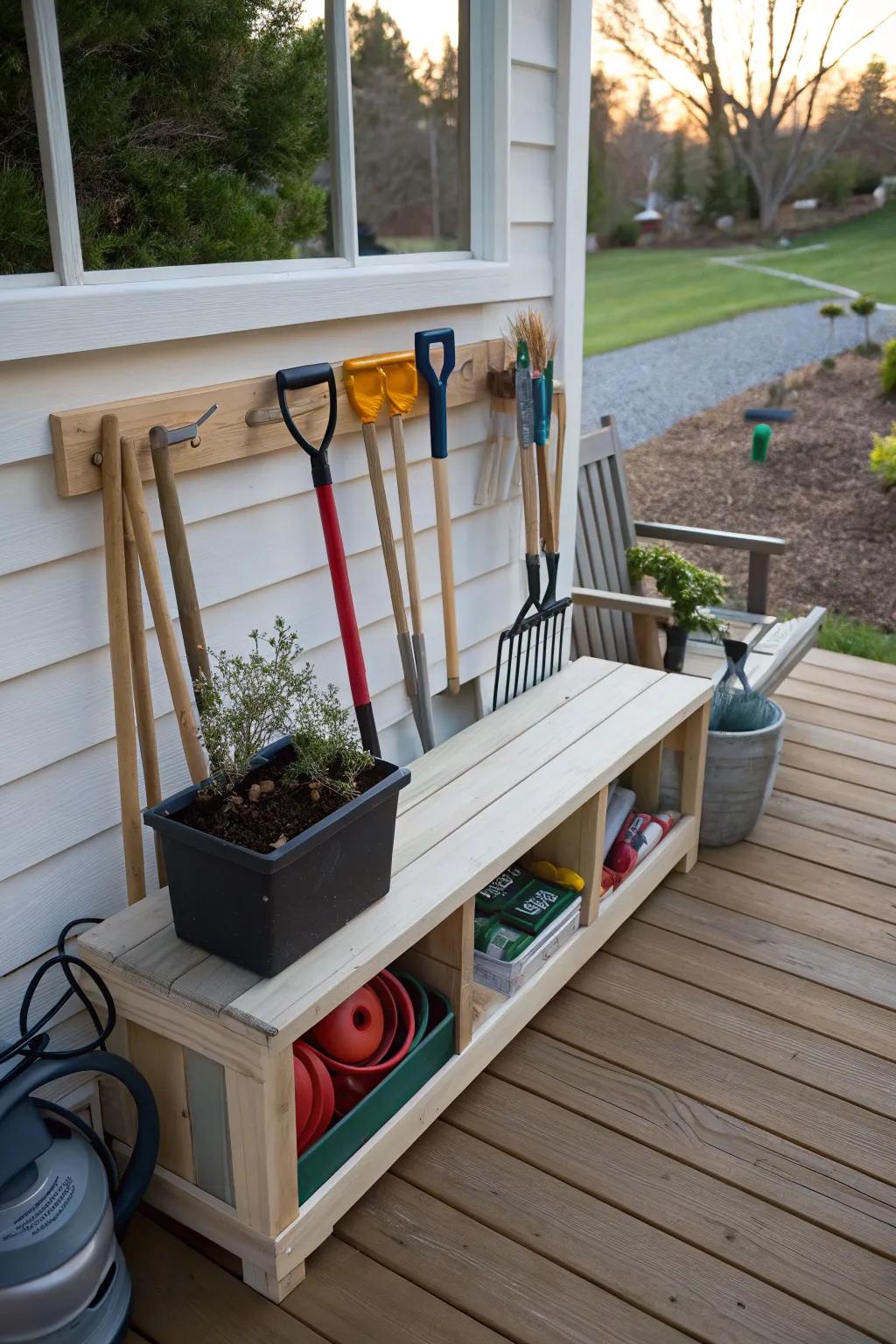 A storage bench furnishes seating and space-conserving storage.