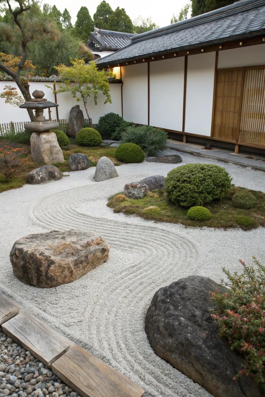 A minimalist Zen garden provides a peaceful escape with gravel and stones.