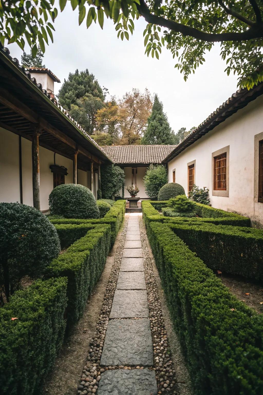 Hedges creating a cozy enclosed backyard space.