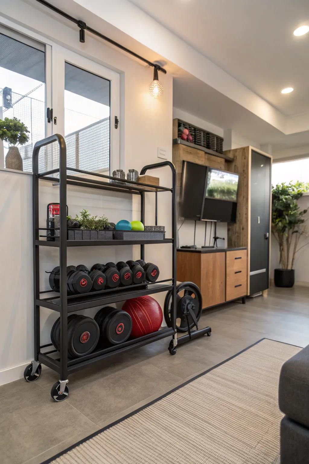 A rolling cart offers useful and adaptable storage for gym equipment.