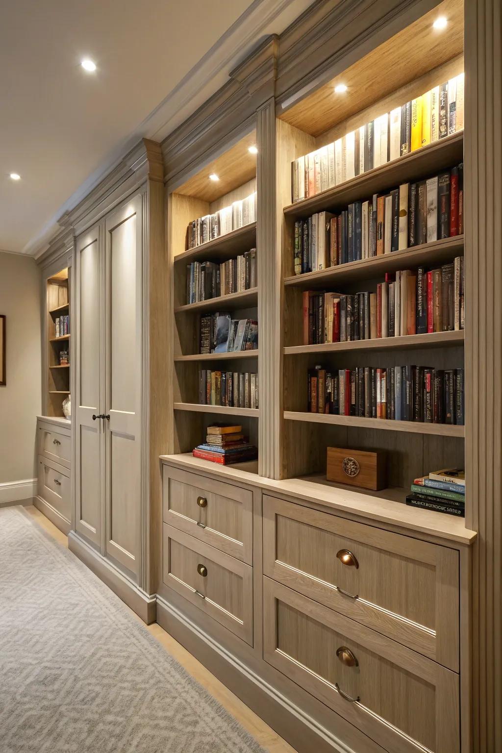 Concealed storage helps maintain a tidy library.