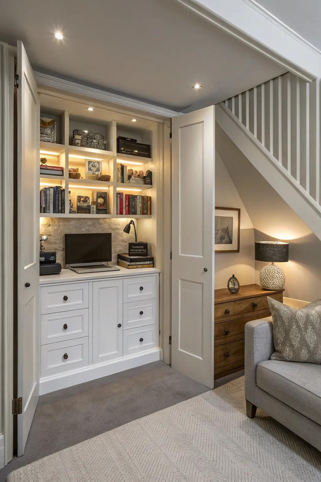 Cleverly integrated hidden storage niches in a small home.