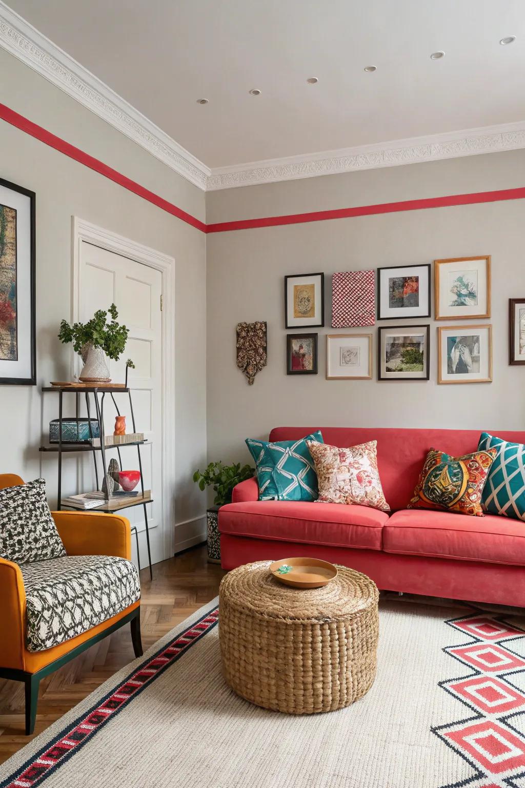 A compact living area showcasing contrasting trim to enhance boldness.