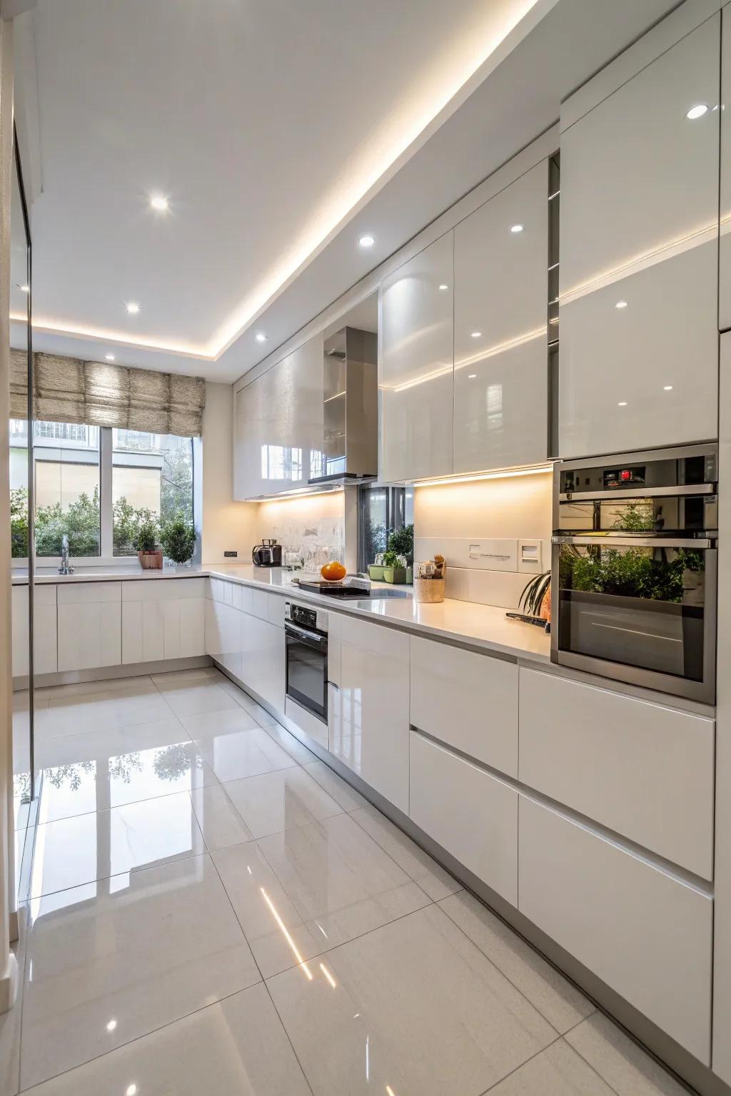 Mirrors enhance light and space in the kitchen.