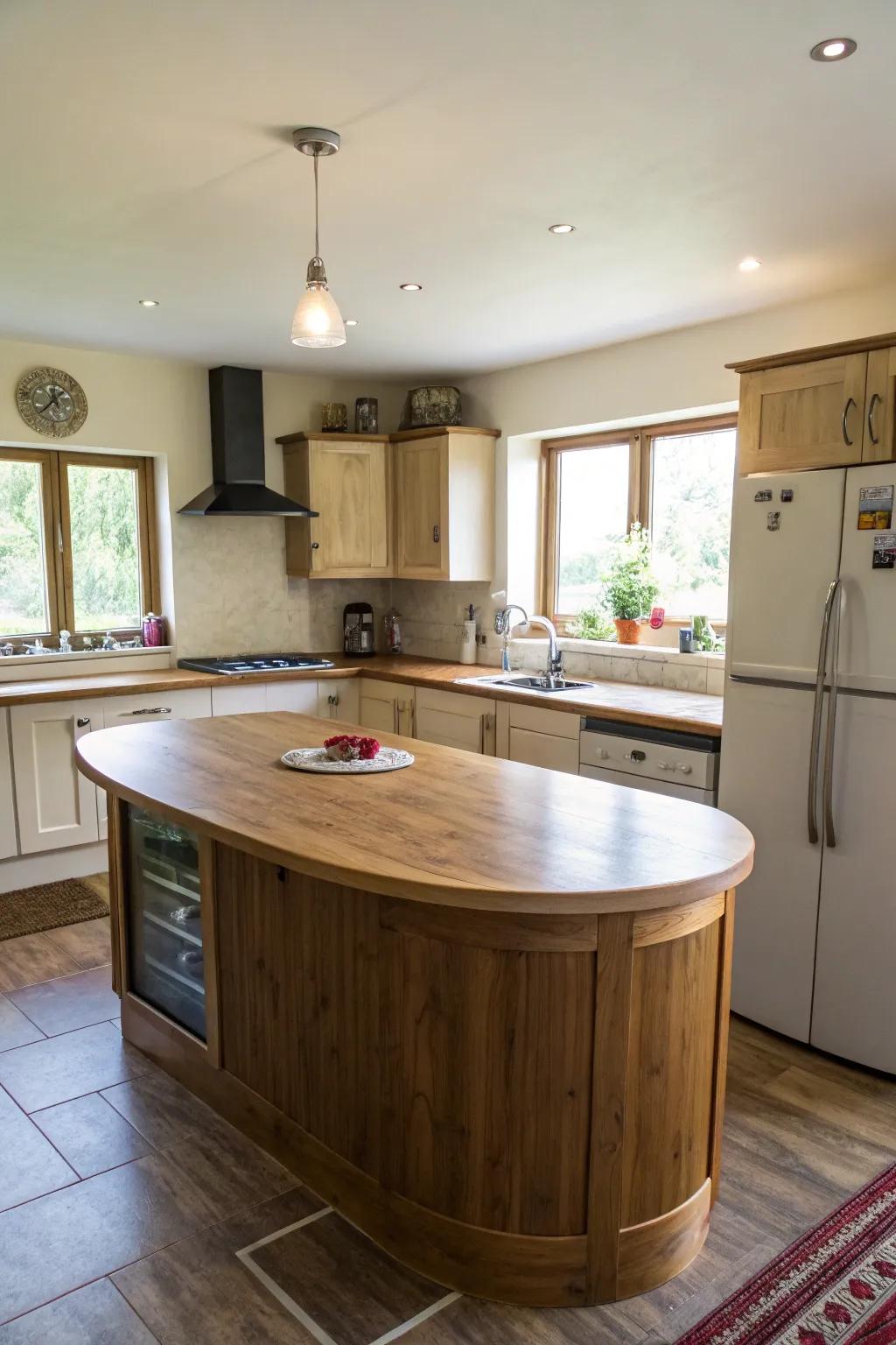 Curved islands add performance and design to small kitchens.