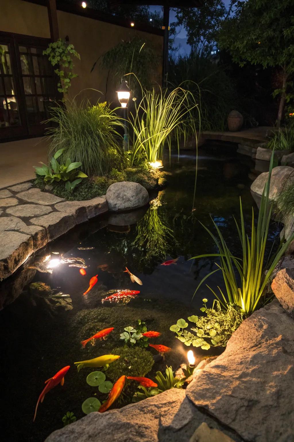 A beautifully illuminated koi pond transforms the night.