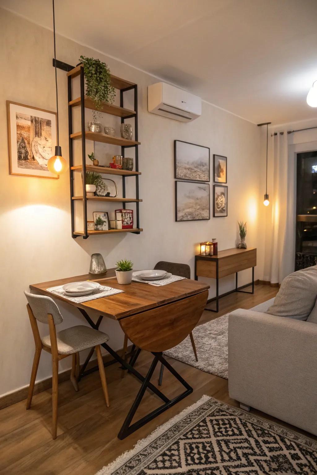 A dining table on the wall saves space when you’re not using it.