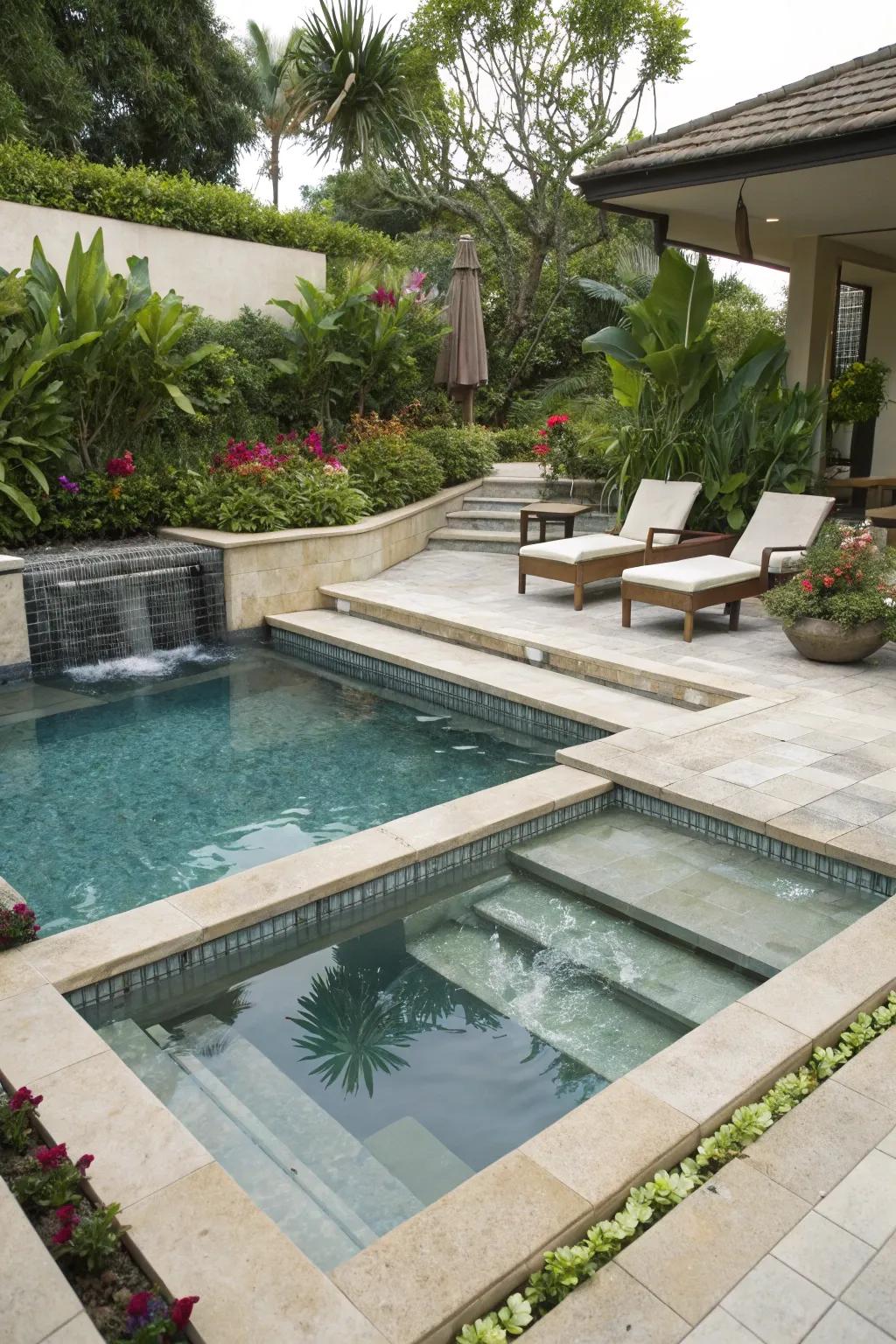 Multi-layered layout providing diverse pool experiences.